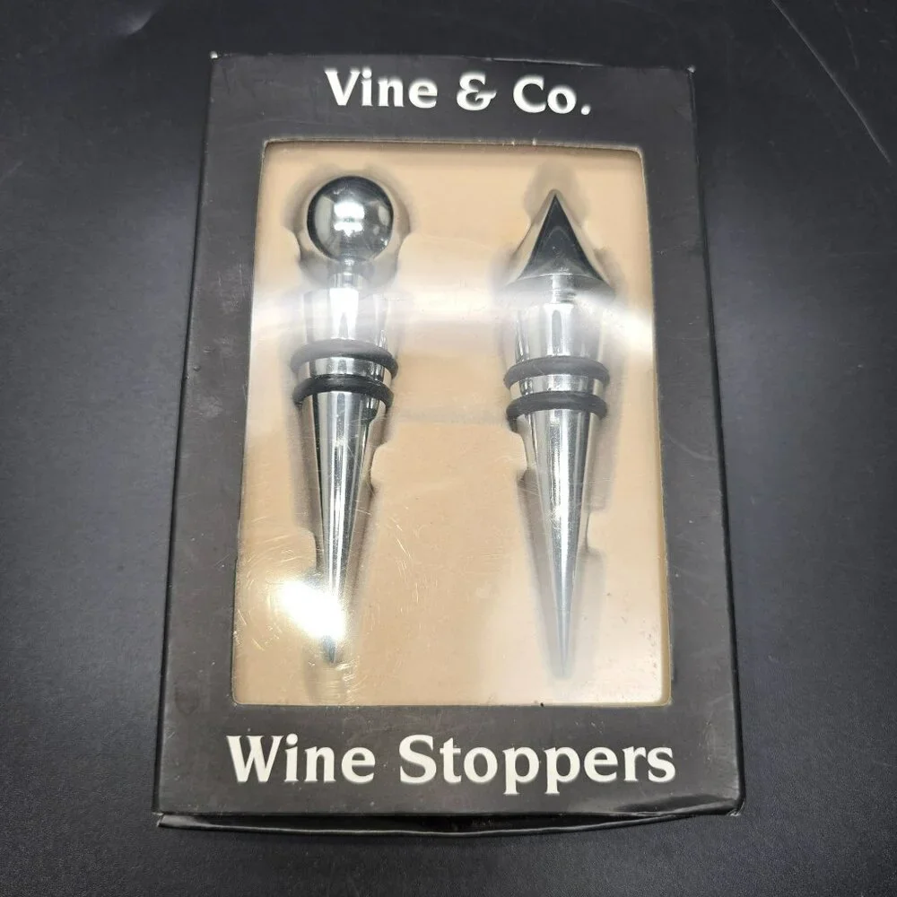Silver Wine Stoppers Set Of 2 Vine & Co. Unique Designs Barware NIB JJ3971